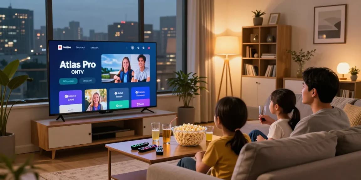 Visualisation d'une famille profitant d'Atlas Pro ONTV dans leur salon moderne, écran de télévision affichant le service IPTV.