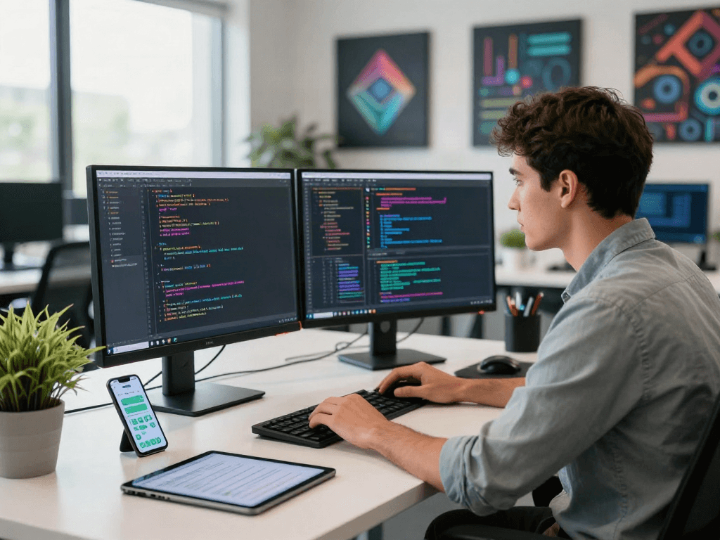 Développeur utilisant Atlas pro ontv dans un bureau moderne avec écrans de code, outils tech et ambiance créative.