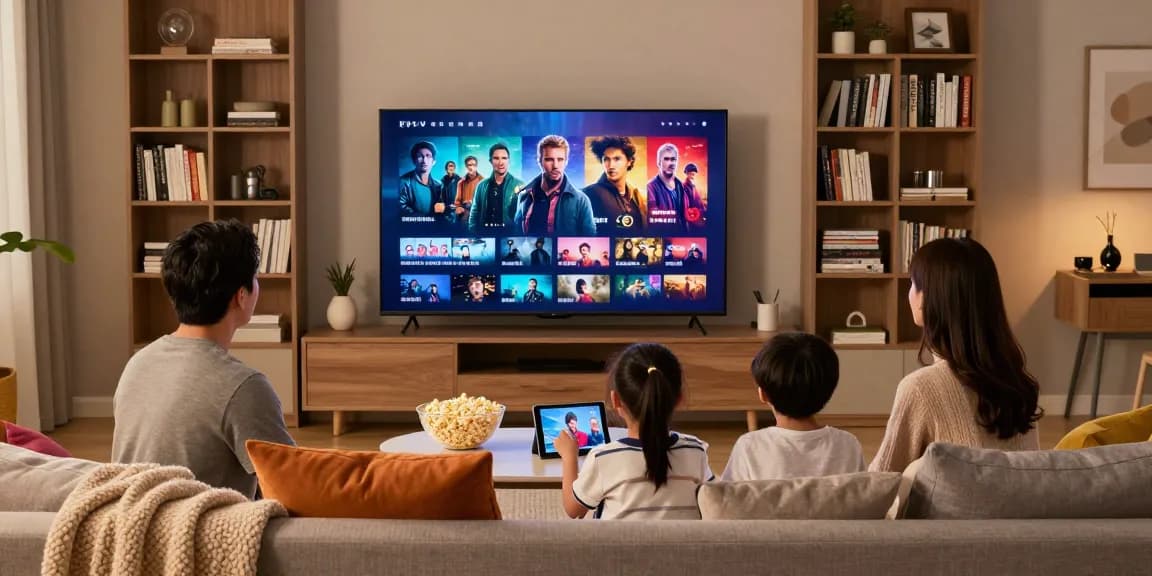 Famille profitant d'Atlas pro ontv dans leur salon contemporain