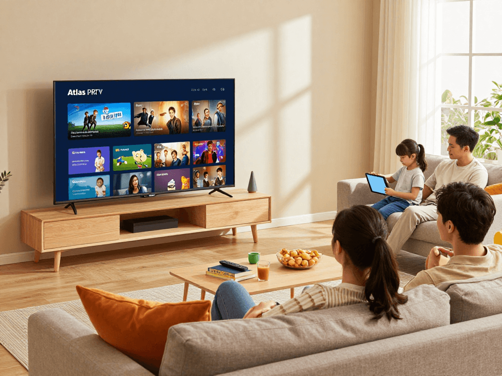 Profitez de l'application Atlas Pro en famille avec un écran TV et ambiance confortable.