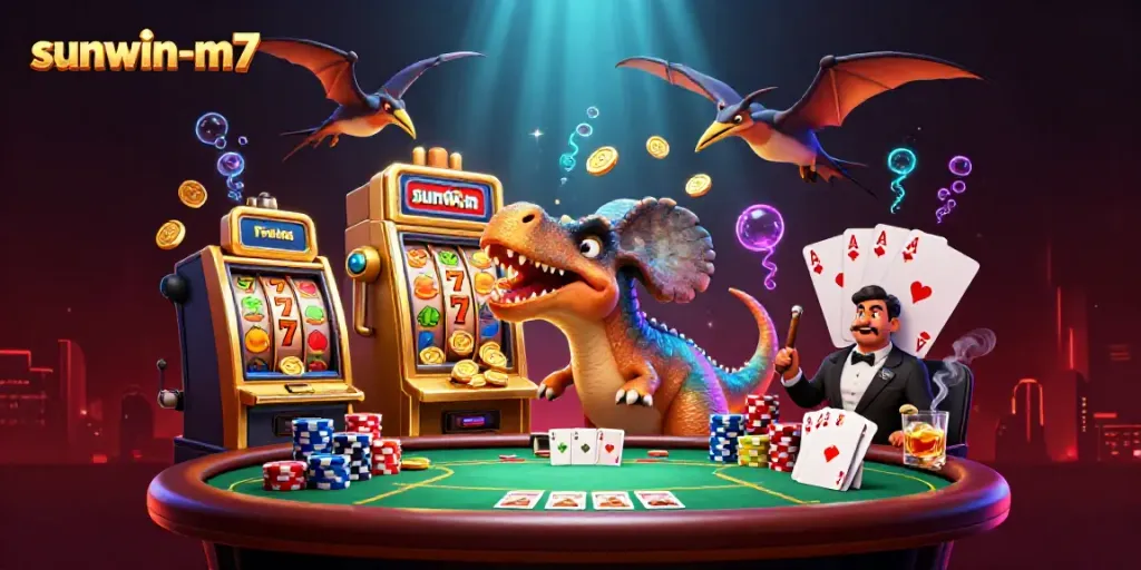 Experience sunwin-m7 excitement as dinosaurs encounter slot machines and poker tables.
