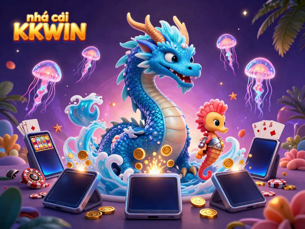 Experience the excitement of nhà cái KKWIN with a vibrant underwater gaming scene featuring a majestic dragon and engaging casino elements.