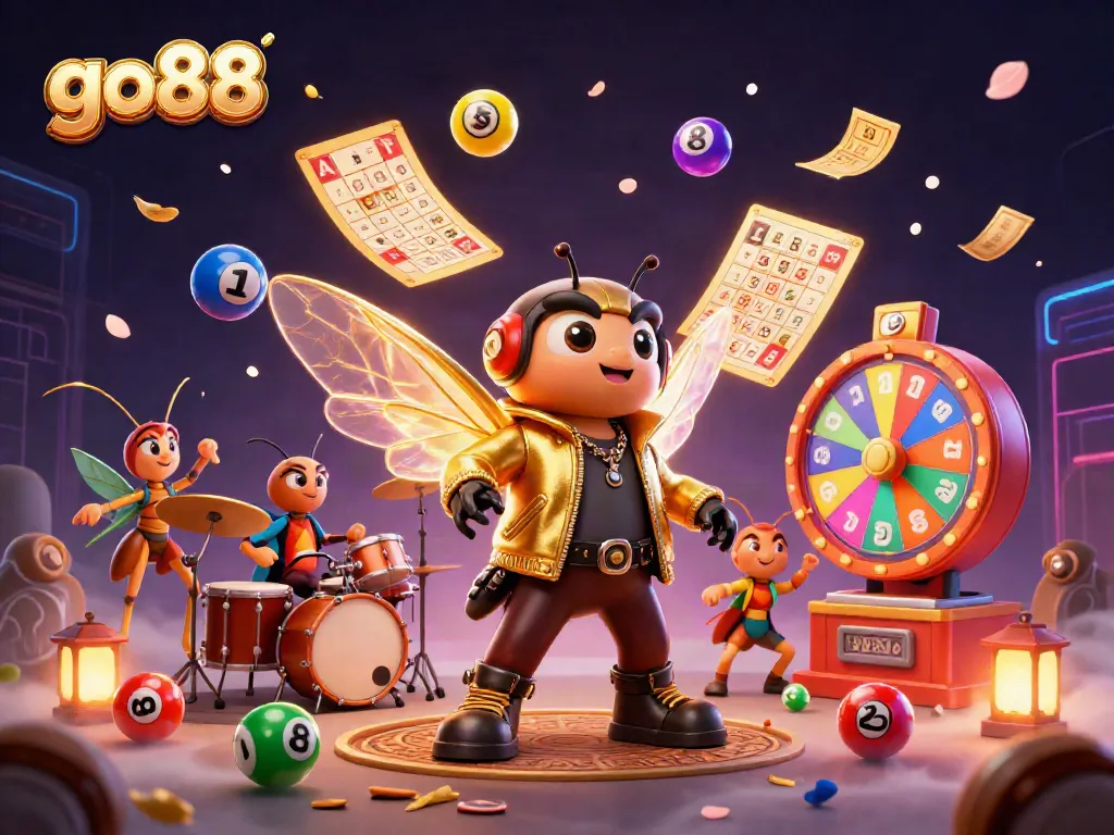 Engaging scene showcasing go88 with vibrant lottery elements and a cartoon rock star