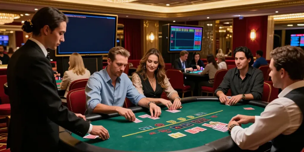 Joueurs engagés autour d'une table de blackjack en ligne dans un casino élégant, ambiance festive.
