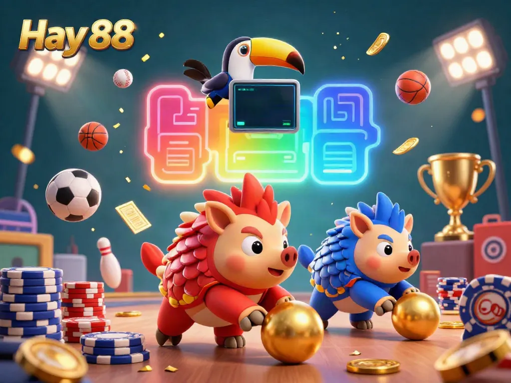 Experience the thrill of Hay 88 with rival pangolins bowling through poker chips in a vibrant casino scene.