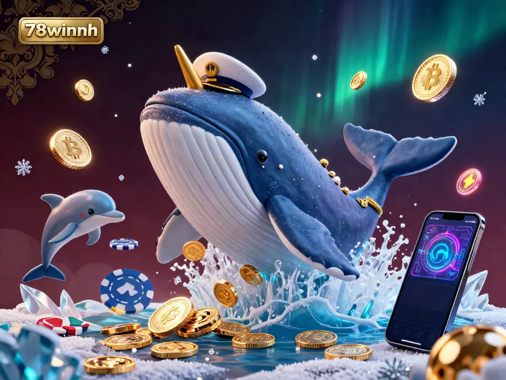 Experience the vibrant world of 78winnh with a whimsical 3D scene featuring a whale, narwhal, and dolphins amidst a treasure of coins.