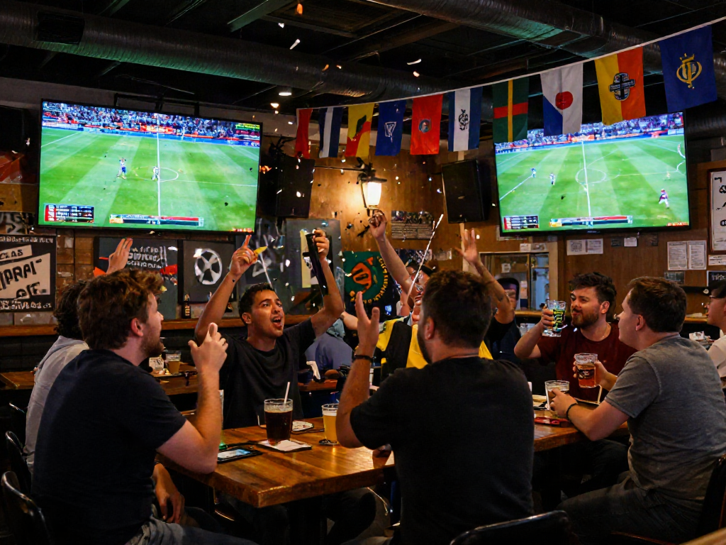 Meilleur site de pari sportif avec des fans enthousiastes dans un bar pendant un match.