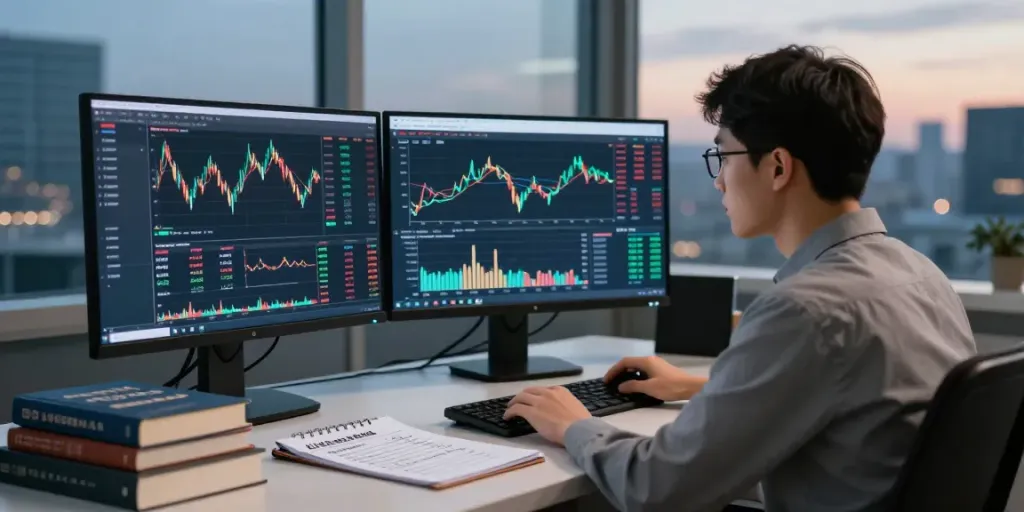 Un trader utilisant la-couponeau.com pour analyser des tendances de marché avec des graphiques sur plusieurs écrans.