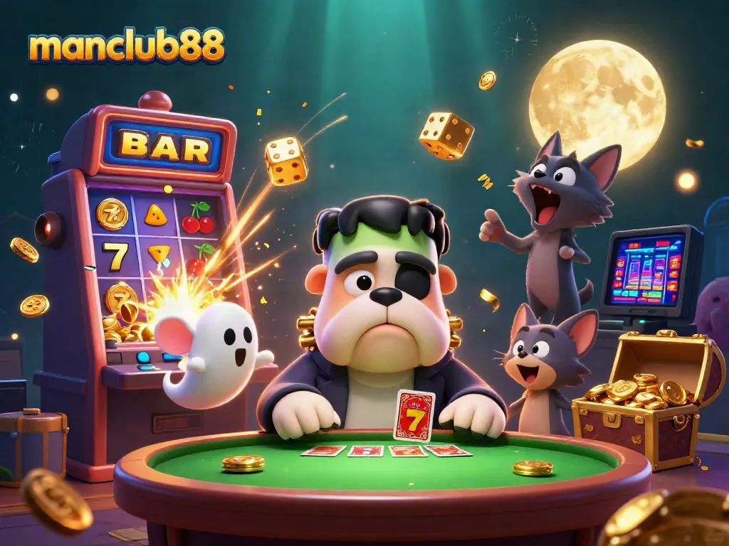 Engage with manclub88 and join a spooky casino scene of fun with a bulldog dealer and golden treasures.