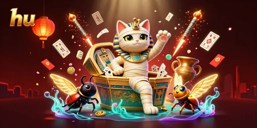Win big with hu at the casino: an Egyptian mummy cat bursting from a sarcophagus with golden game elements.