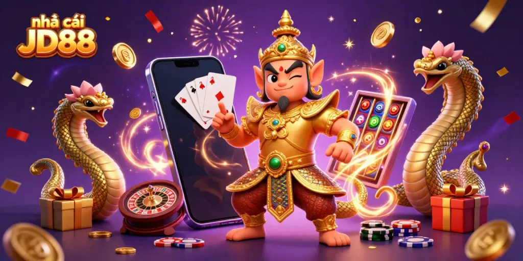 Experience the vibrant energy of nhà cái JD88 in this lively casino-themed 3D illustration.