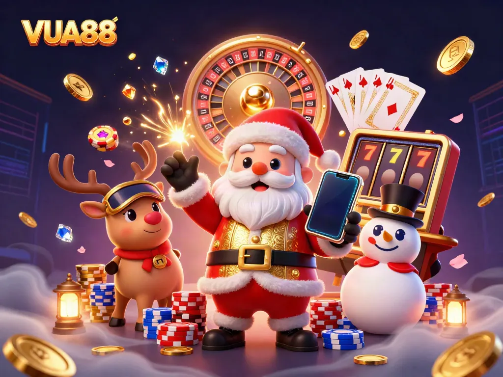 Embrace the excitement of VUA88 with Santa and friends celebrating winning slots in a vibrant casino scene.