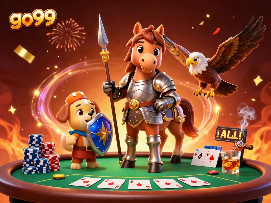 Join the action at go99 with a knight, squire, and falcon in a vibrant casino scene.