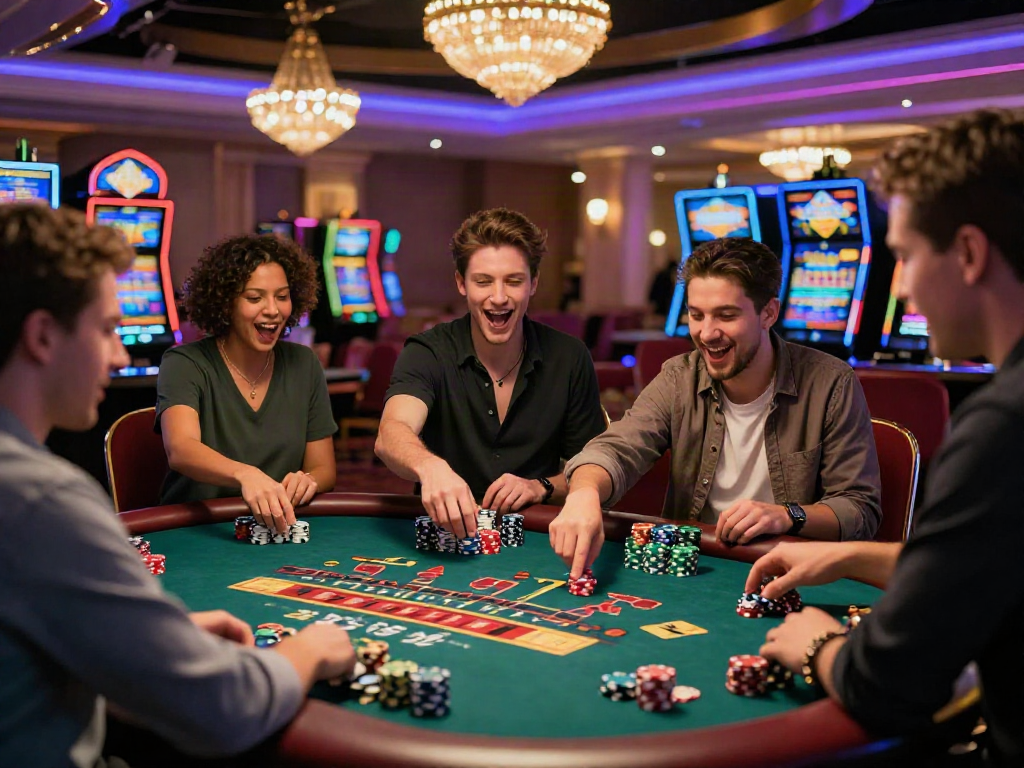 Scène de casino en ligne retrait immédiat avec des joueurs heureux autour d'une table de jeu.