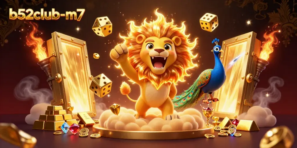Experience the excitement of b52club-m7 with triumph and treasure in this vibrant casino-themed illustration.