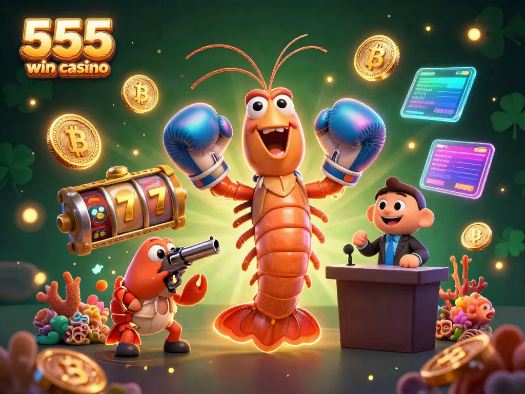 Experience thrilling action at 555 win casino with a vibrant scene featuring marine characters amidst slots and cryptocurrency elements
