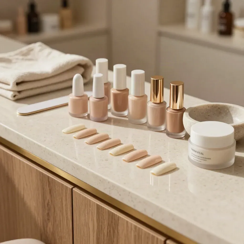 Bar à manucure avec capsules ivoire, vernis nude, lime douce et bol en pierre sur travertin.