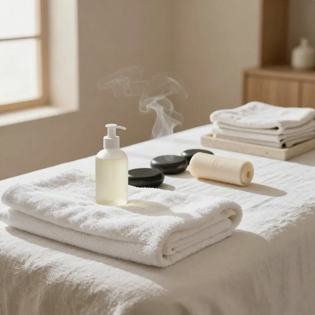 Table de massage, pierres chaudes, huile satinée et serviettes épaisses dans une lumière douce.