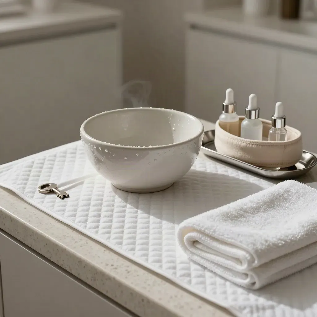 Cabine visage rangée après soin, serviettes, bol rincé et flacons alignés.