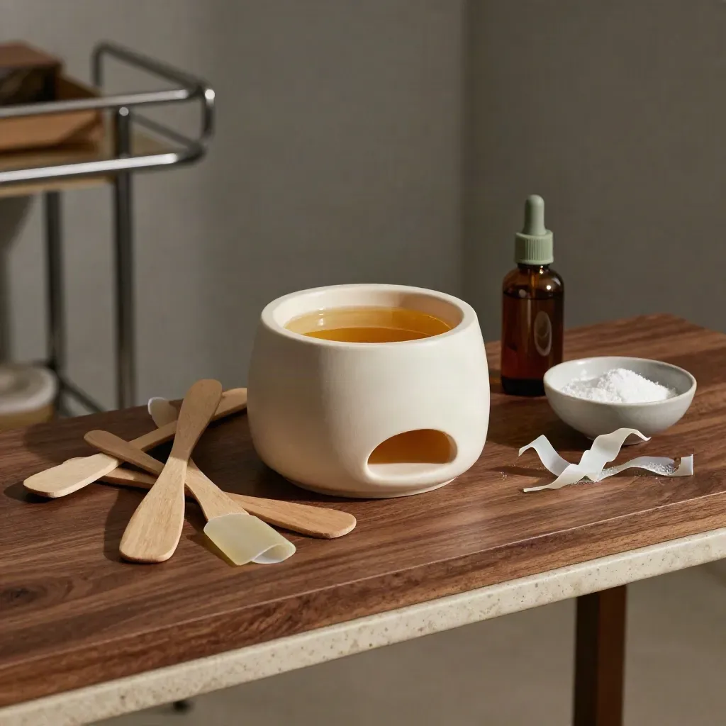 Nature morte d’outils d’épilation avec chauffe-cire, spatules, bandes et huile sur station salon.