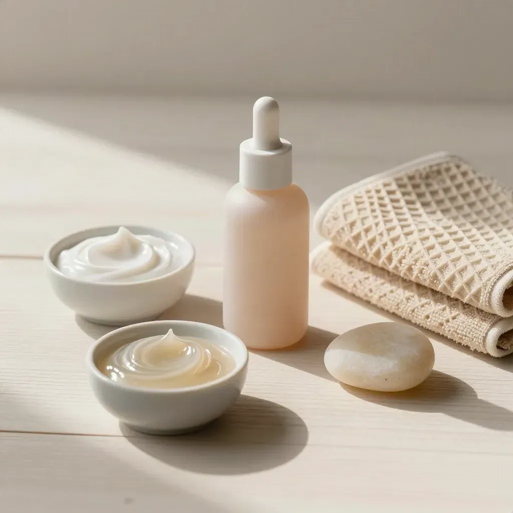 Bols de textures skincare, flacons opaques et serviette pliée sur bois clair.