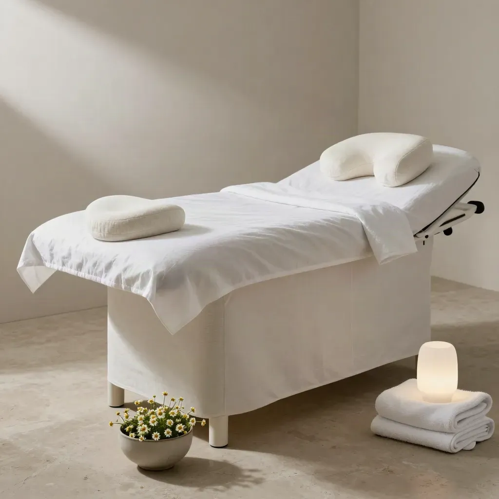 Cabine de soin vide avec drap impeccable, coussin, camomille et lampe douce.