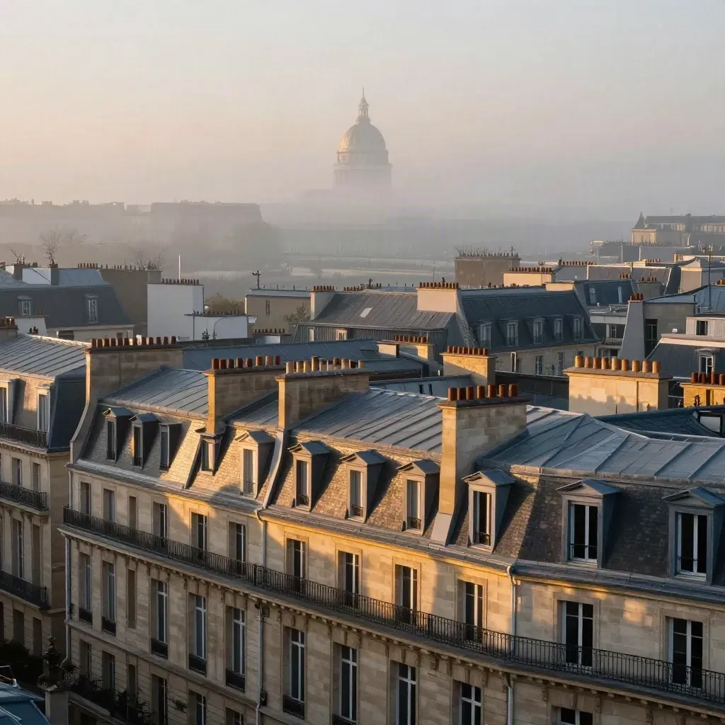 Vue aérienne de Paris Centre à l’aube, toits haussmanniens, dôme lointain et Seine dans la brume.