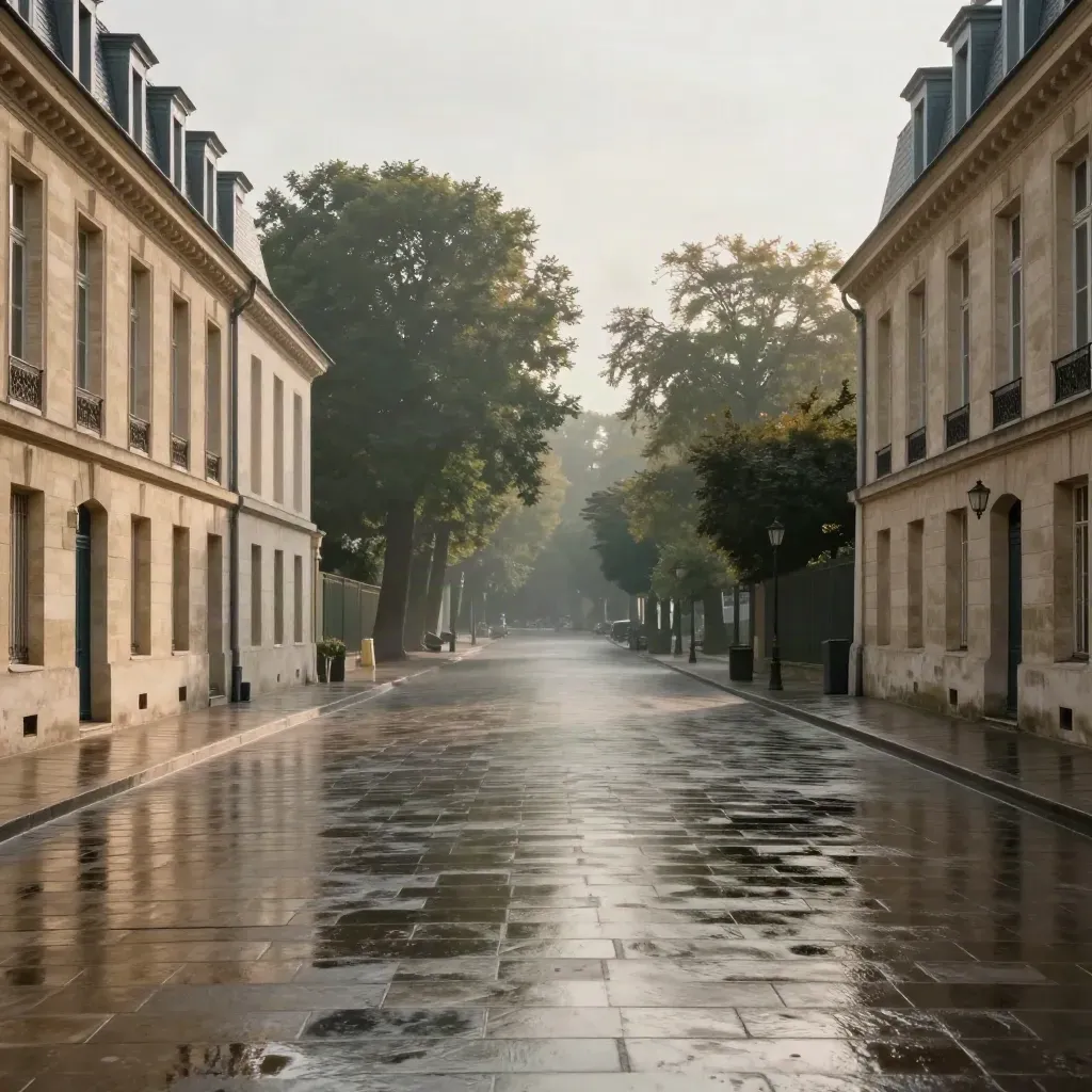 Façades claires et avenue arborée de l’Ouest parisien sous une lumière dorée après la pluie.