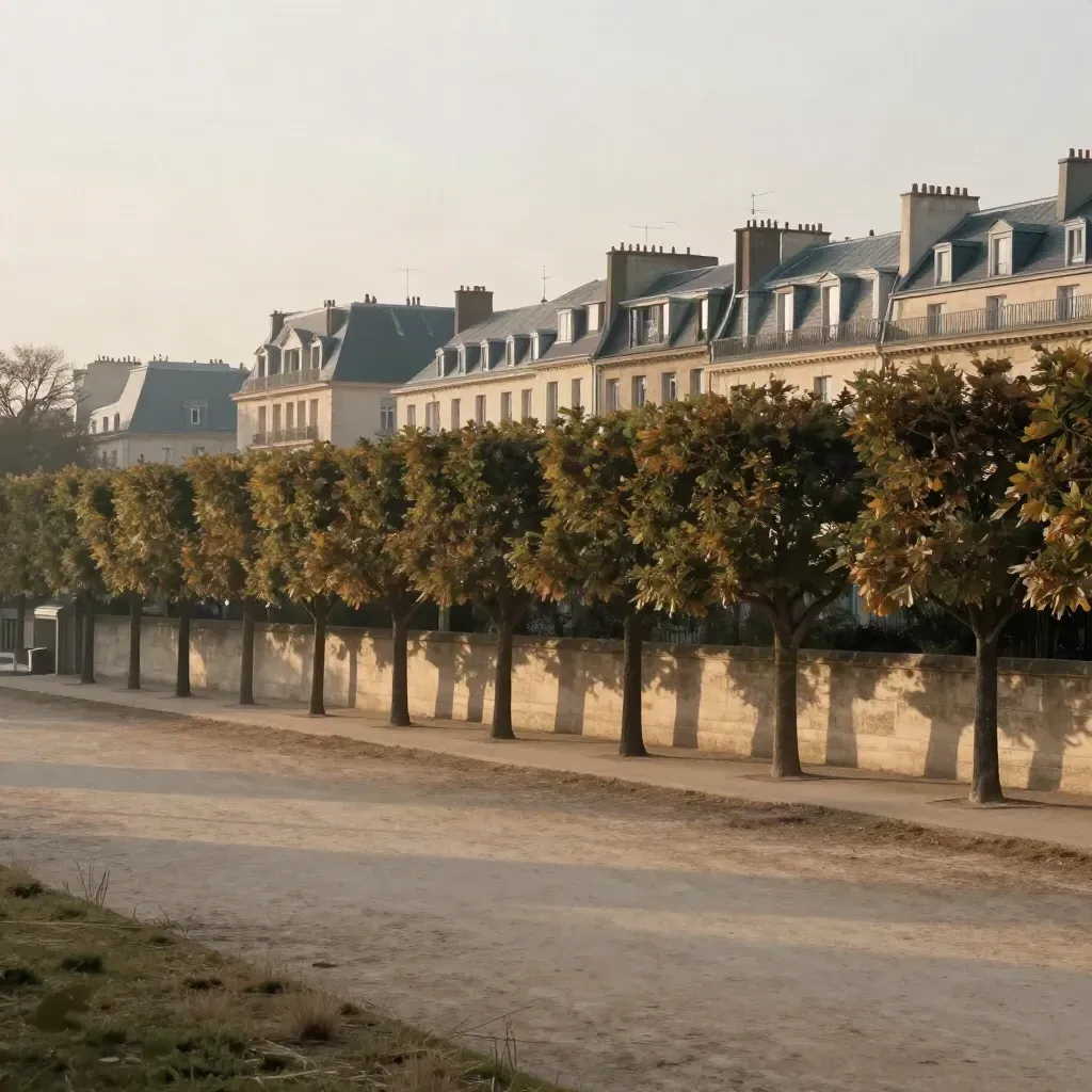 Sud parisien avec murets clairs, arbres alignés et toits bas sous ciel laiteux.
