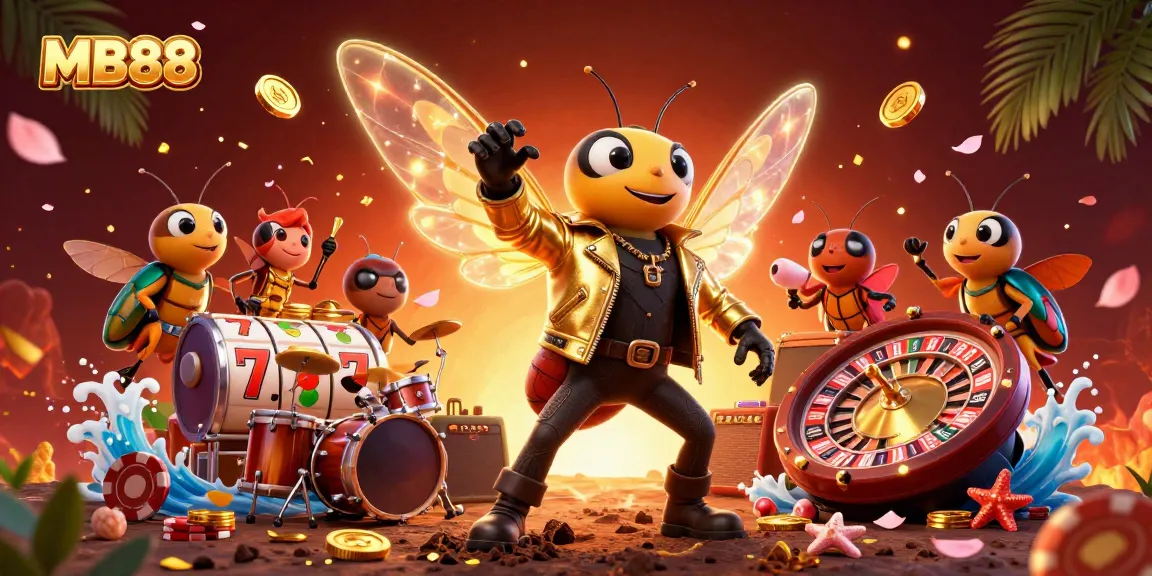 Experience the thrill of MB88 slots with a vibrant 3D illustration featuring a buzzing cicada rock star and exciting jackpot symbols.