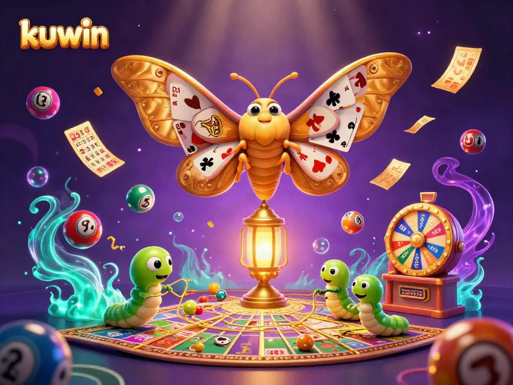 Kuwin offers thrilling casino visuals, featuring vibrant lottery balls and a majestic moth symbolizing luck.