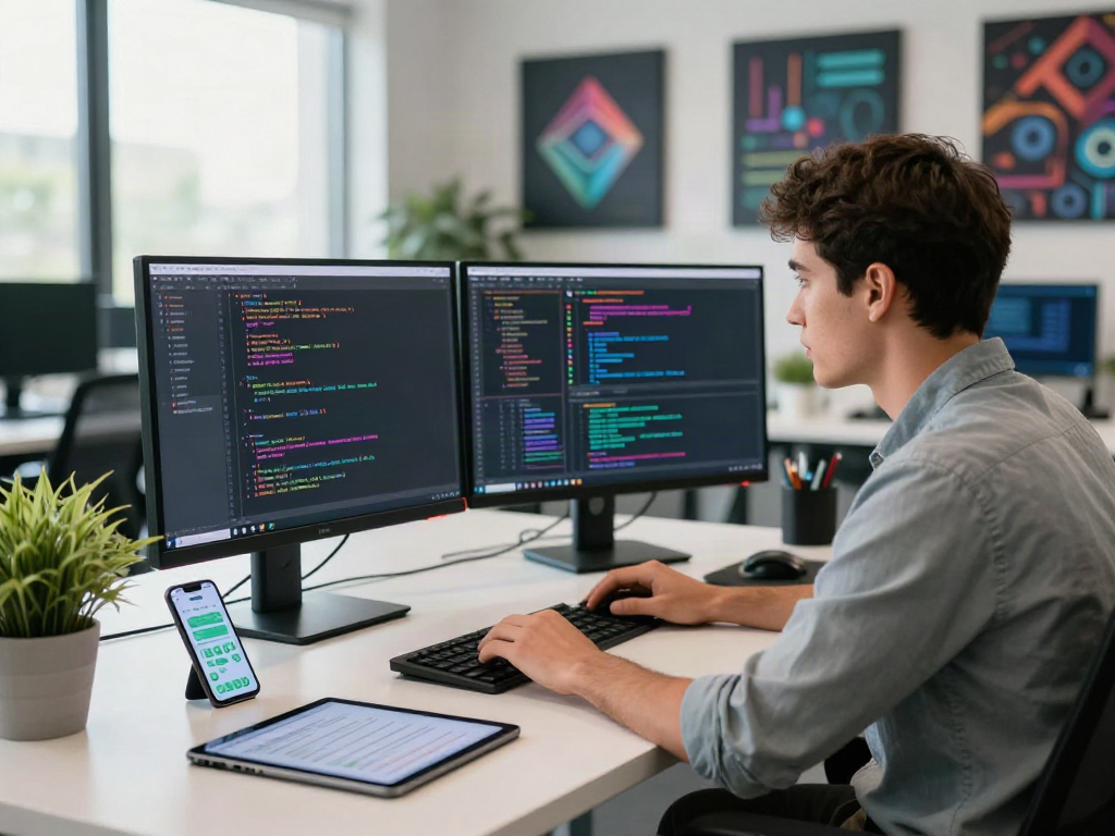 Développeur utilisant Atlas pro ontv dans un bureau moderne avec écrans de code, outils tech et ambiance créative.