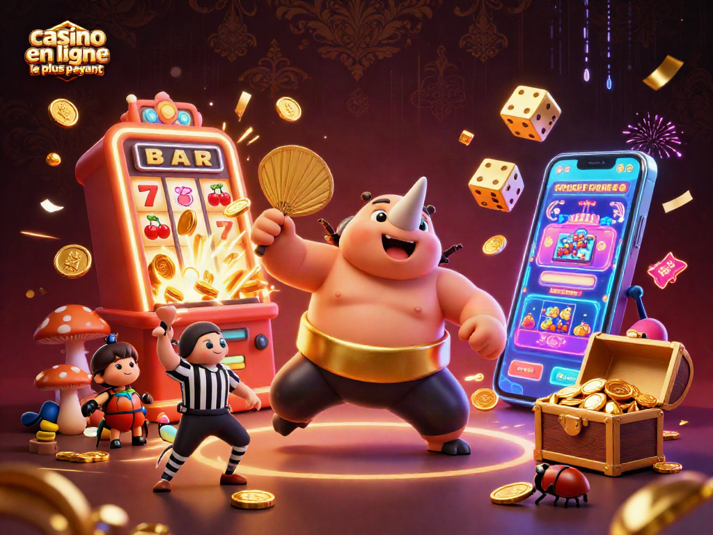 Voir un rhinocéros s'engager dans le casino en ligne le plus payant avec des pièces d'or et un jackpot.