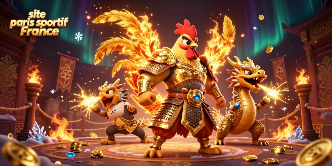 Pariez sur site paris sportif France avec un combat épique entre un guerrier coq et un dragon, décor dynamique.