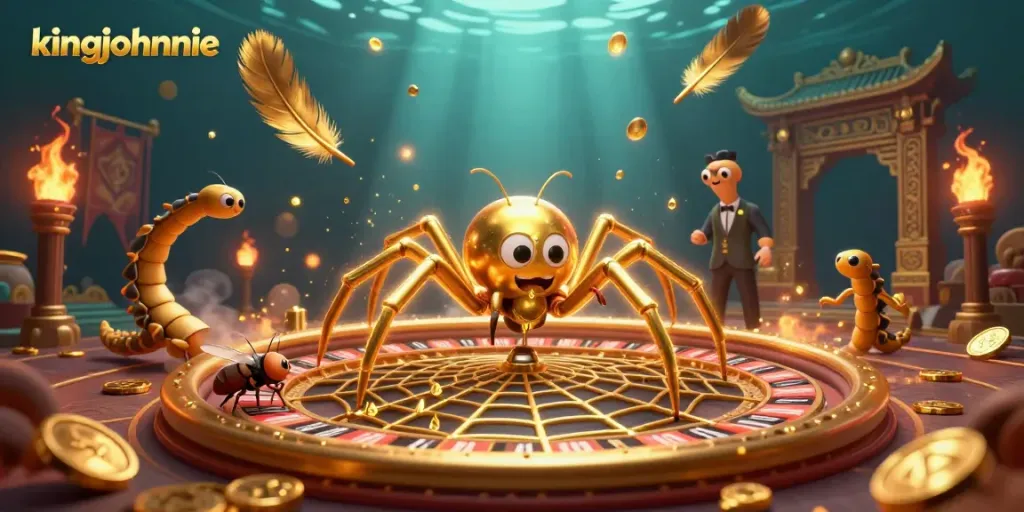 Spin the reels with kingjohnnie's vibrant 3D cartoon casino scene featuring engaging characters and lively elements.