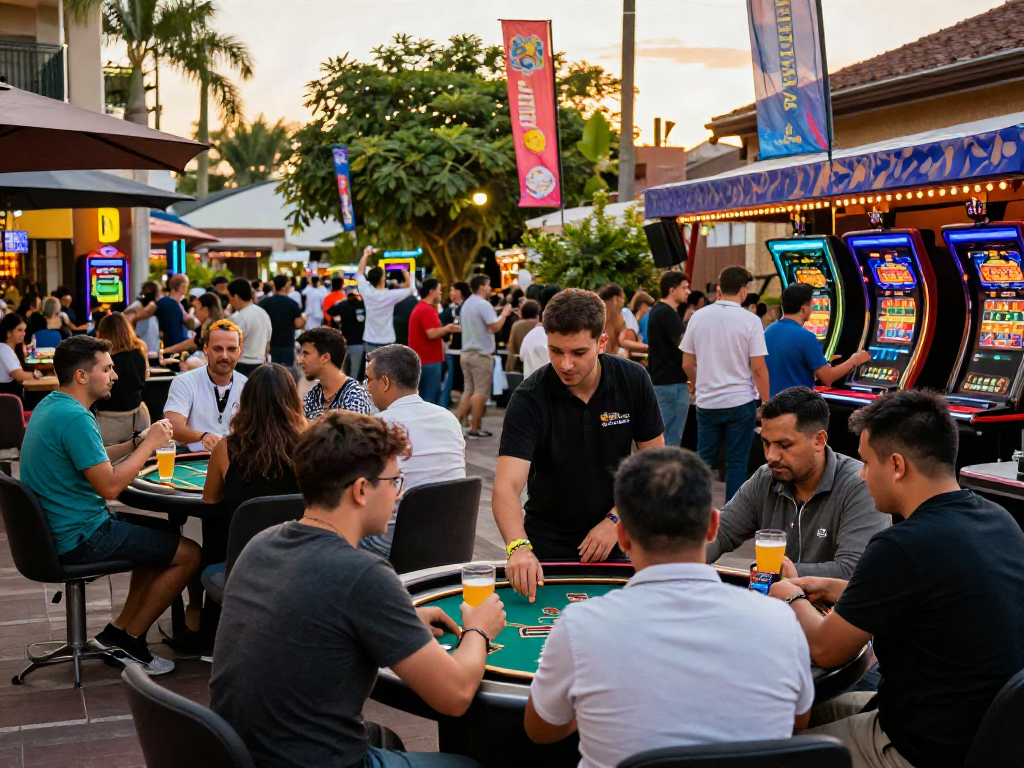 Scène de casino en ligne légal en France avec des joueurs heureux autour des tables de jeux.