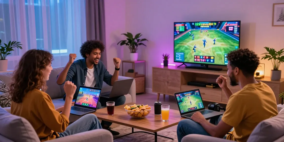 Des amis profitant du meilleur casino en ligne France ensemble dans un salon moderne, ambiance vibrante et conviviale.