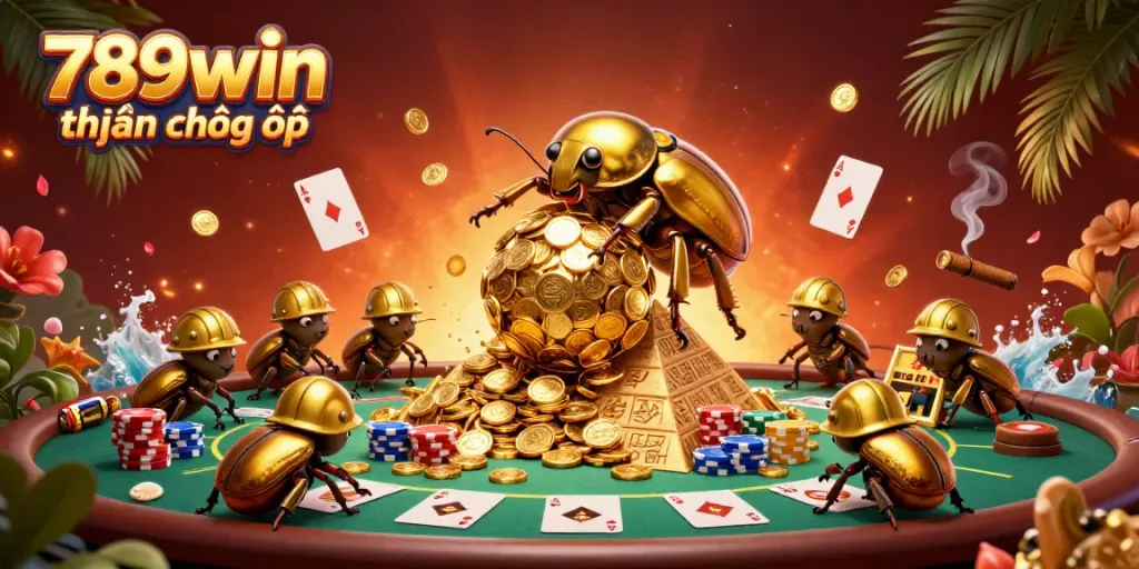 Engaging scene featuring 789win hiện đang mở, depicting a golden dung beetle rolling coins and casino elements vividly.