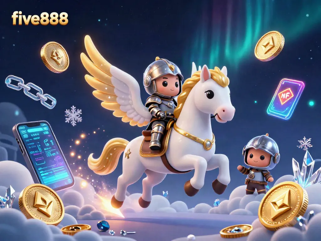 Experience thrilling gaming action at five888 with a celestial knight and crypto-themed elements.