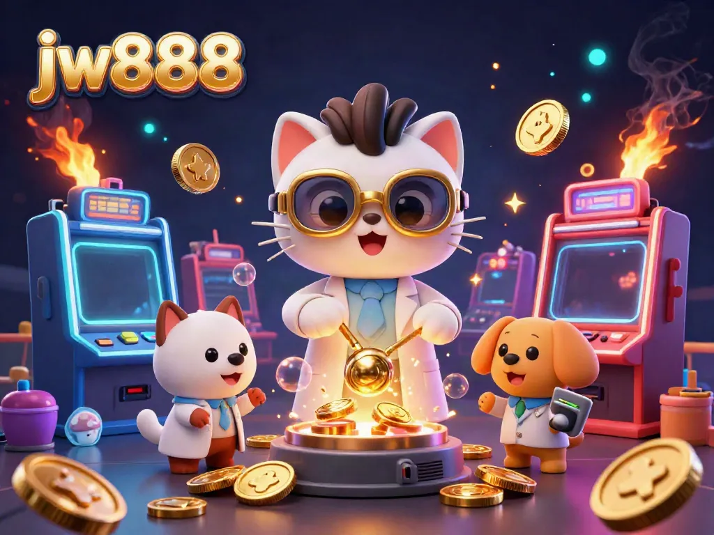 Experience exciting online gaming with jw8838 in a vibrant casino lab scene filled with gold coins and colorful arcade elements.
