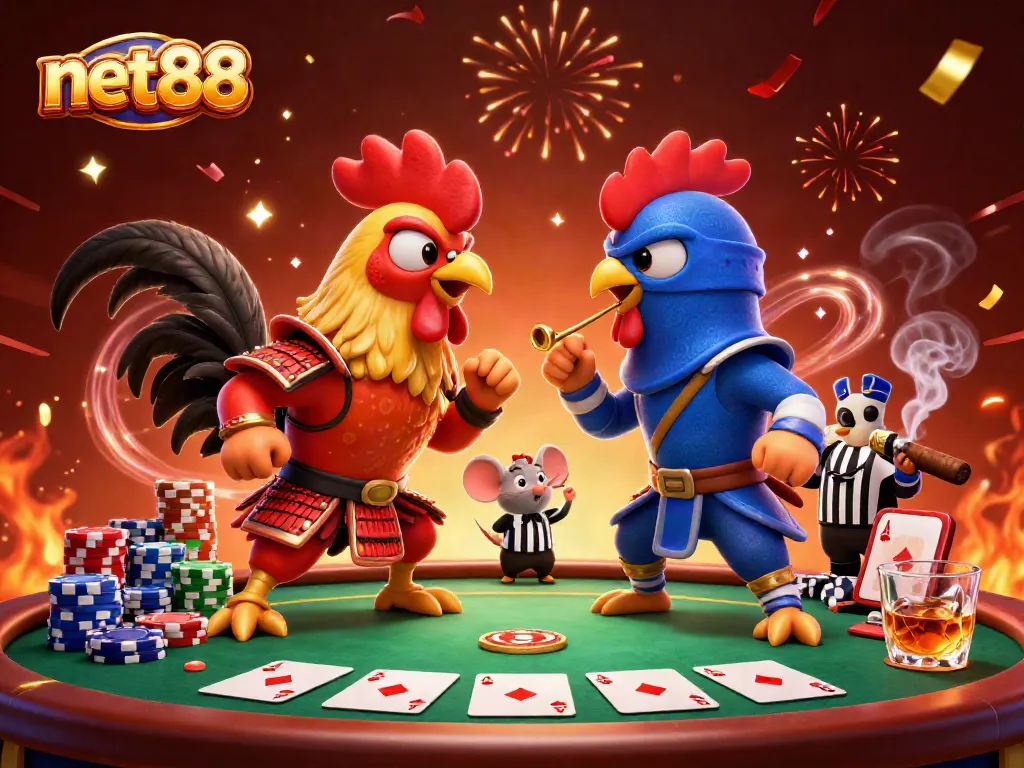 Bet big with net88 in a vibrant 3D casino scene featuring legendary roosters