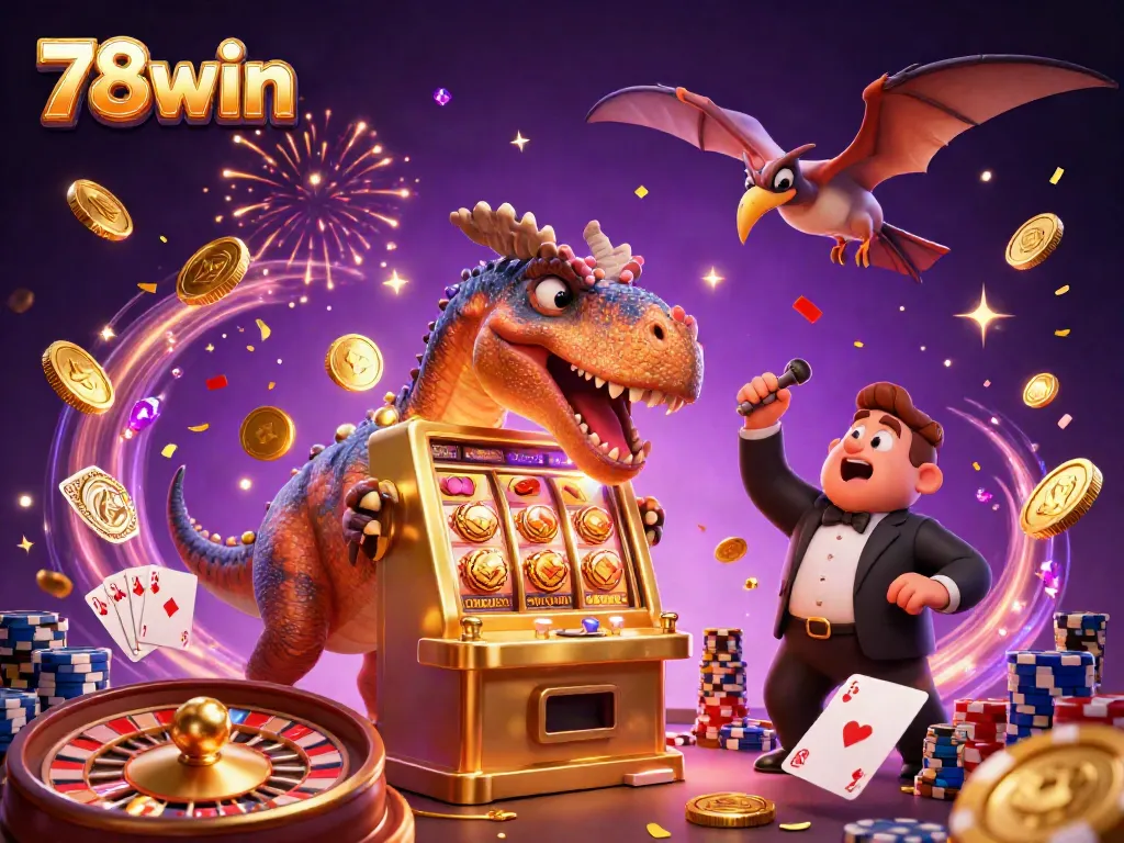 Experience the excitement of 78win with a dinosaur-themed casino jackpot scene.