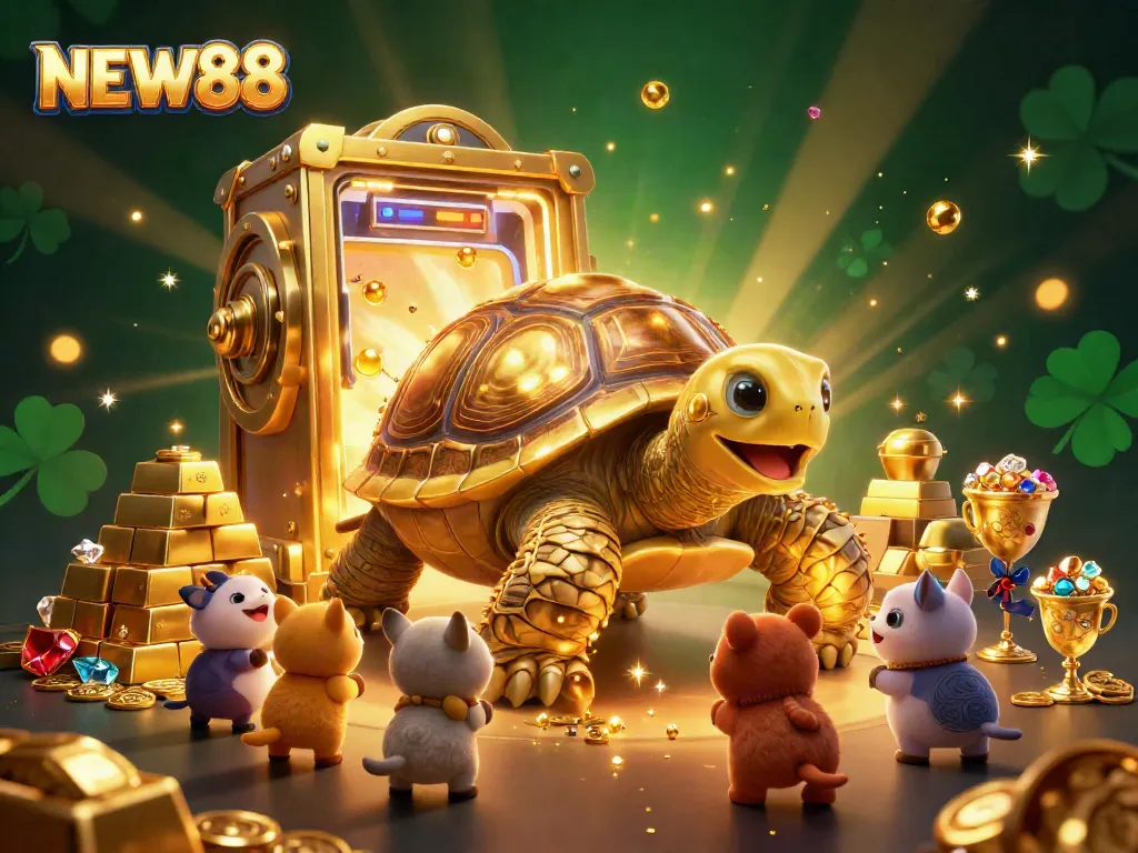 Experience excitement with NEW88 at a dynamic casino scene featuring a golden tortoise pinball machine