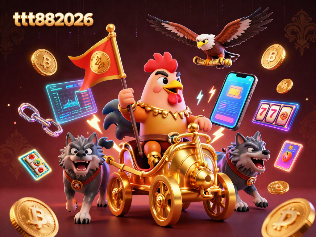 Experience thrilling adventures at tt882026 with a dynamic crypto-casino illustration featuring winning symbols.
