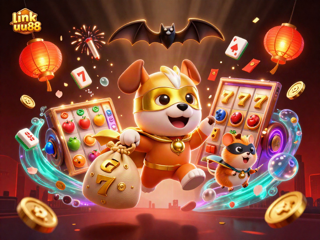Spin the reels and win with link uu88! Exciting scene of a superhero dog and hamster amidst vibrant casino elements.