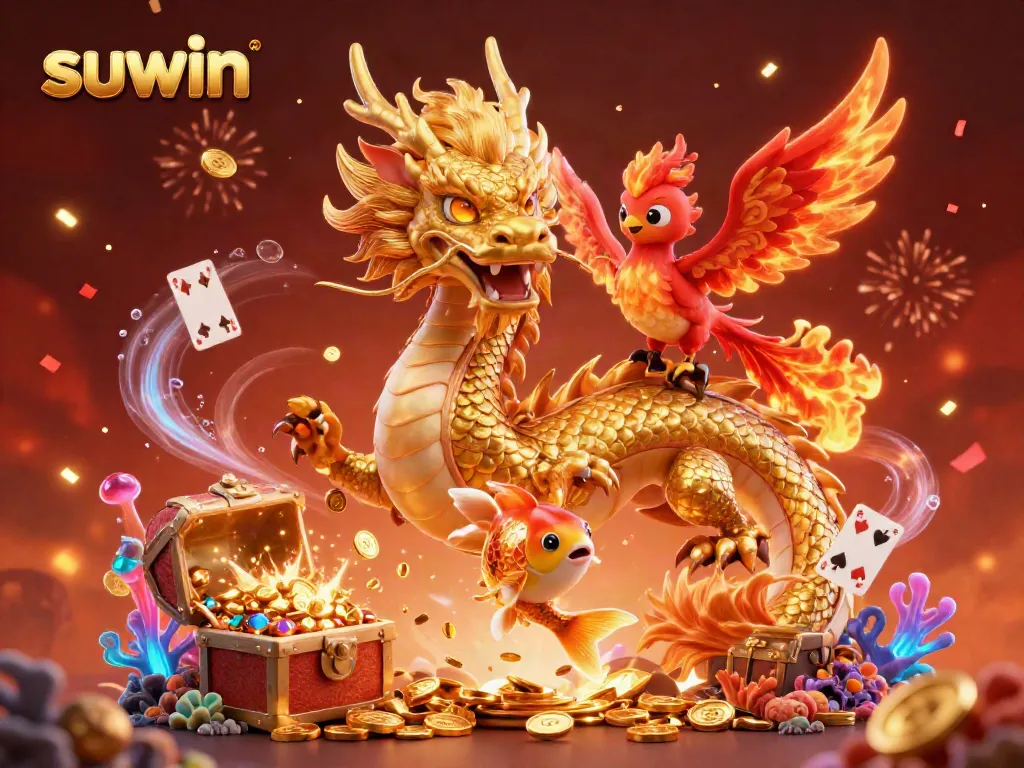 Suwin: Experience the vibrant online gaming world with a fierce dragon, phoenix, and koi fish surrounded by treasure.