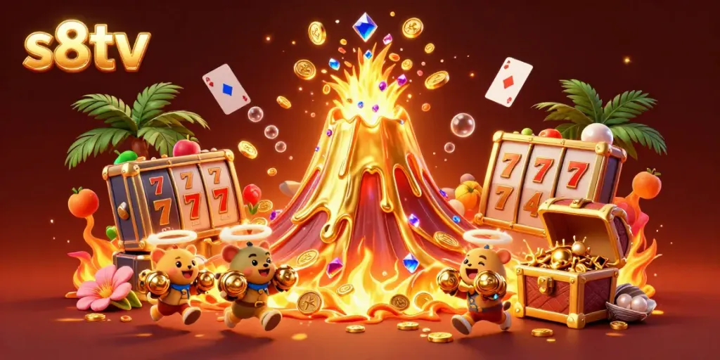 Spin and win with s8tv's vibrant casino treasure eruption featuring colorful gems and slot elements.