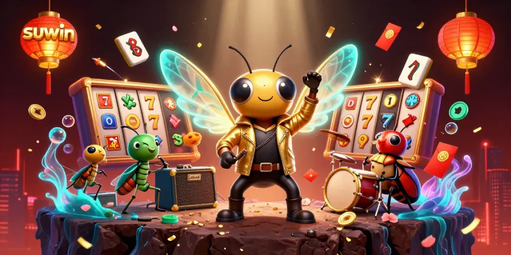 Suwin-themed illustration showcasing a vibrant casino scene with a rock star cicada, slot reels, and abundant festive elements