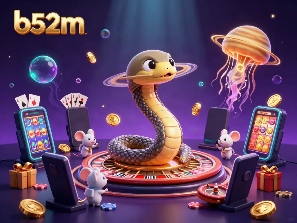 Engage with b52m's celestial casino scene featuring space-themed characters and dynamic gambling elements.