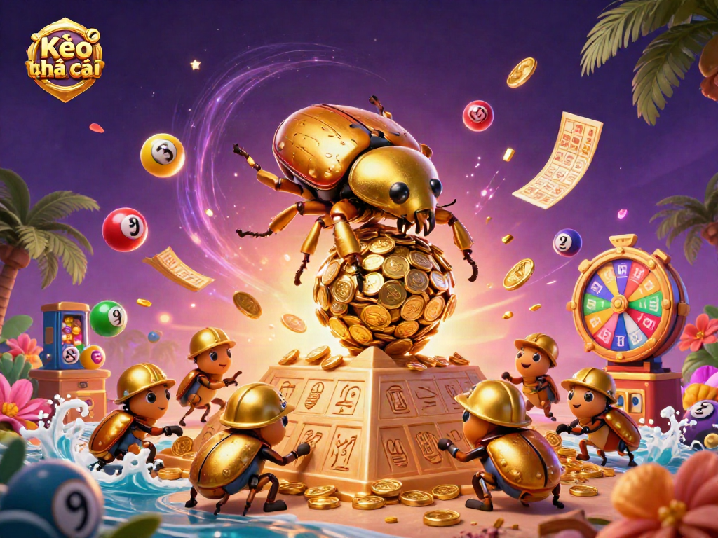 Kèo nhà cái showcases vibrant gambling elements with a golden beetle and colorful lottery balls.